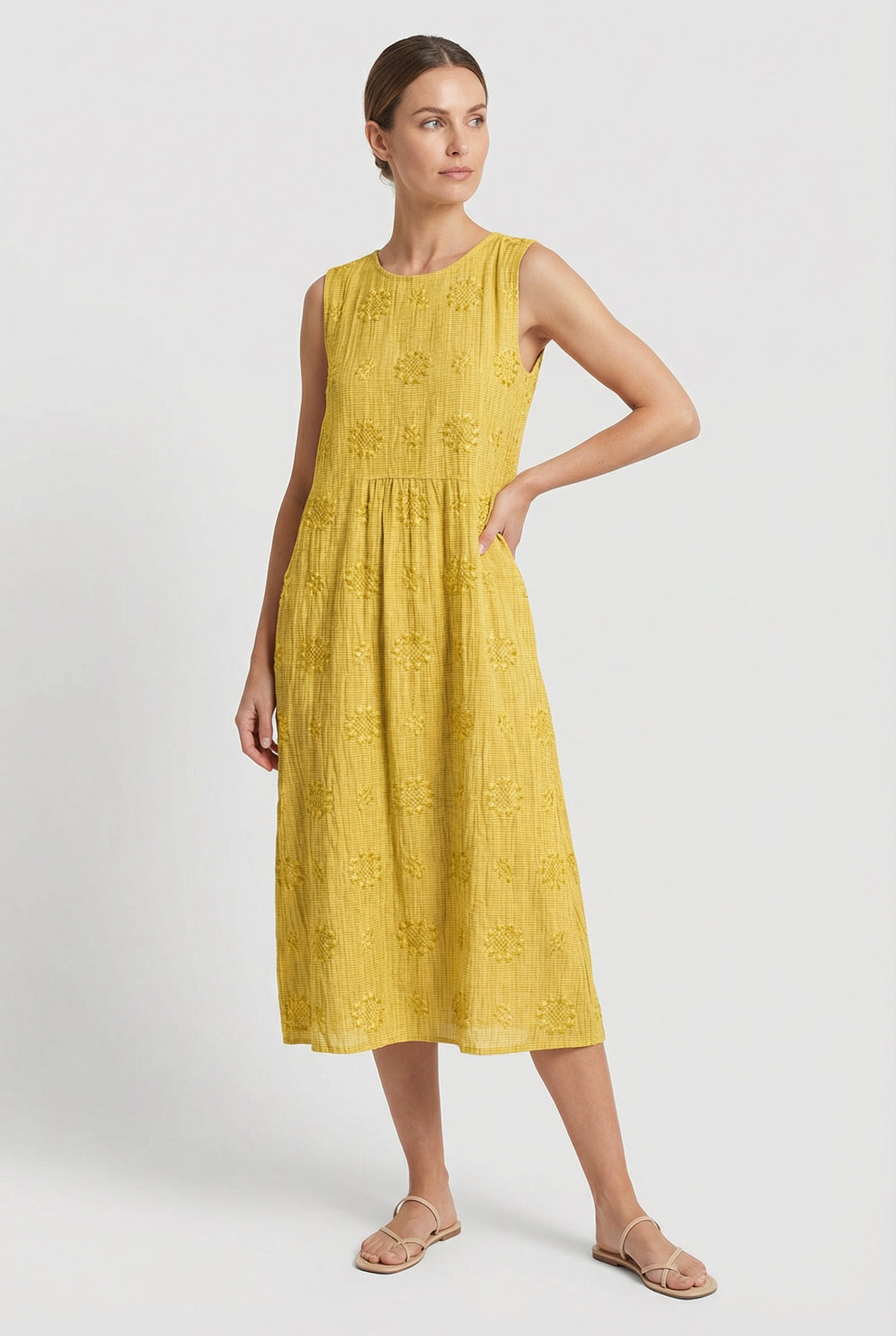 Vestido Midi Mujer Poliéster Sin Mangas Estampado Circular Con Bolsillos Laterales 7