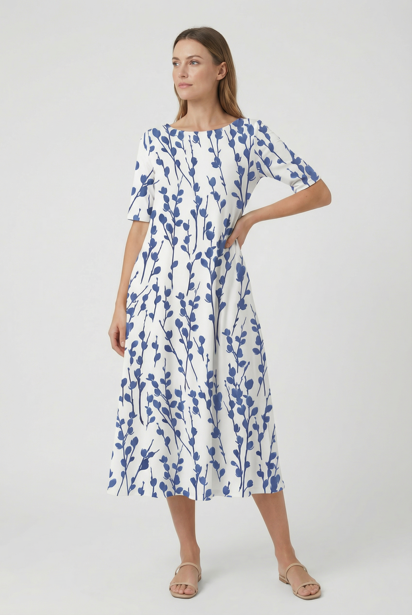 Vestido Midi Mujer Tejido Floral Corte A con Bolsillos para Primavera y Verano 1