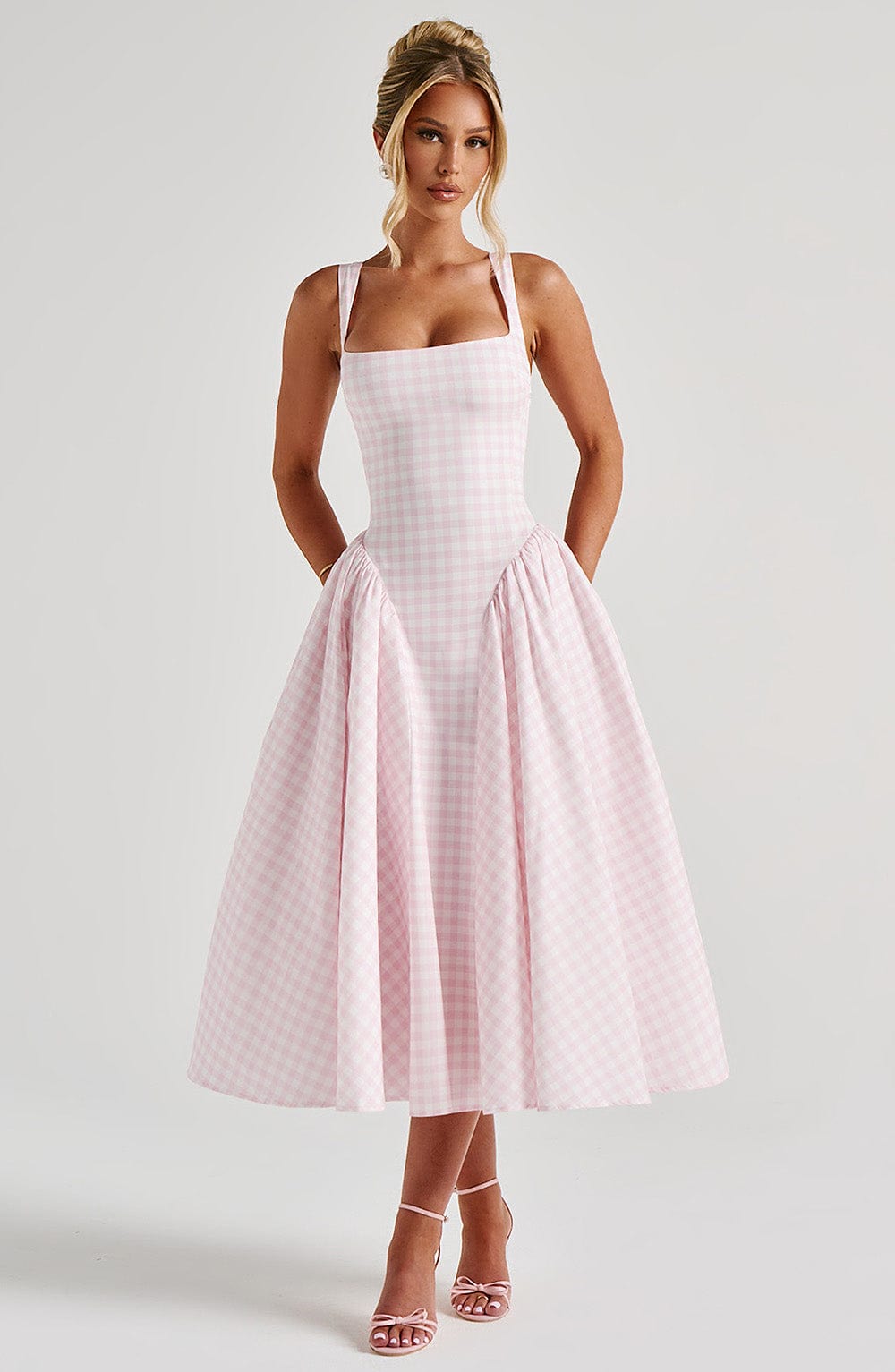 Vestido Midi Mujer Tela de Cuadros Vichy con Tirantes Ajustables y Falda Voluminosa 0