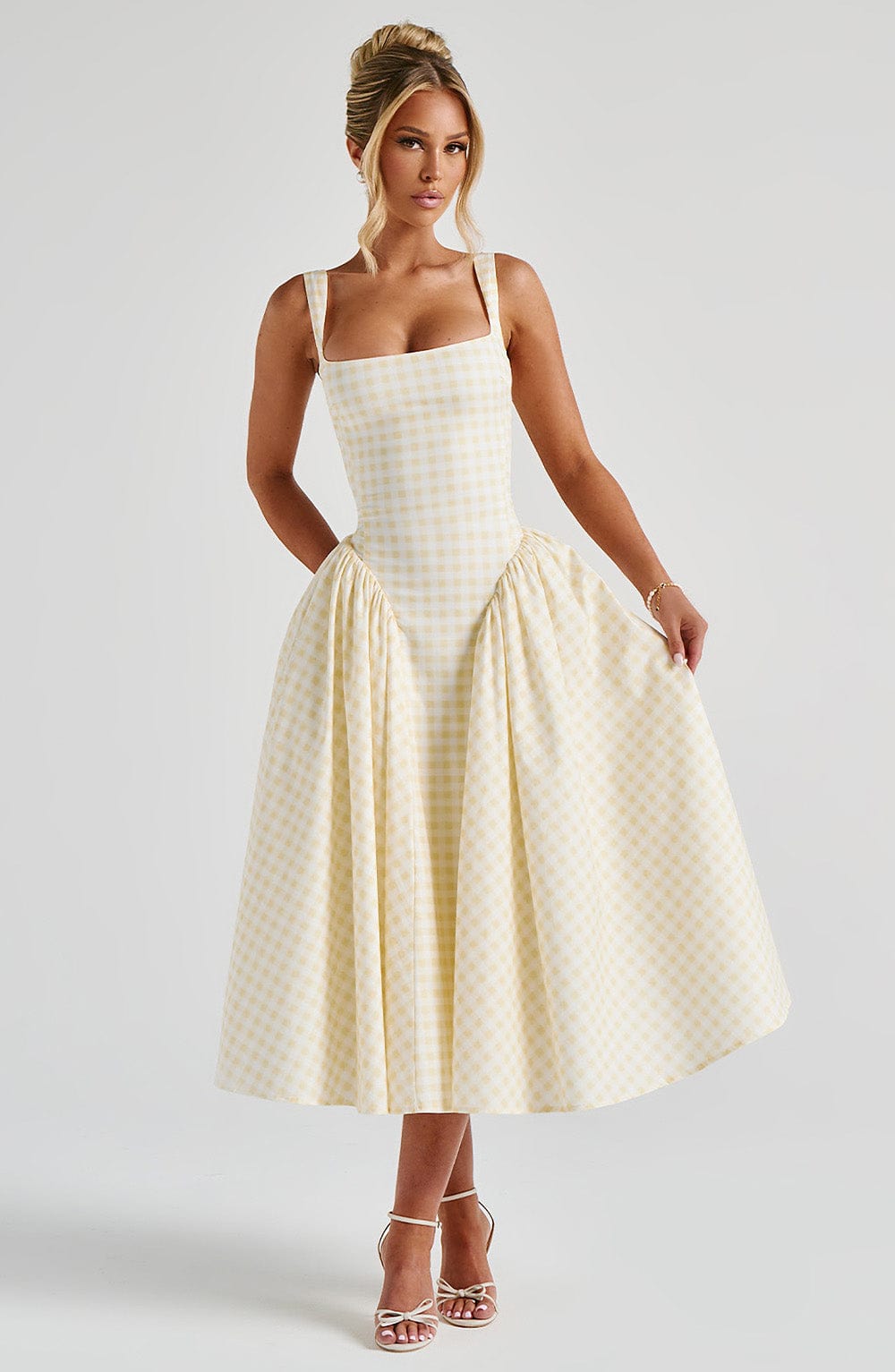 Vestido Midi Mujer Tela de Cuadros Vichy con Tirantes Ajustables y Falda Voluminosa 4