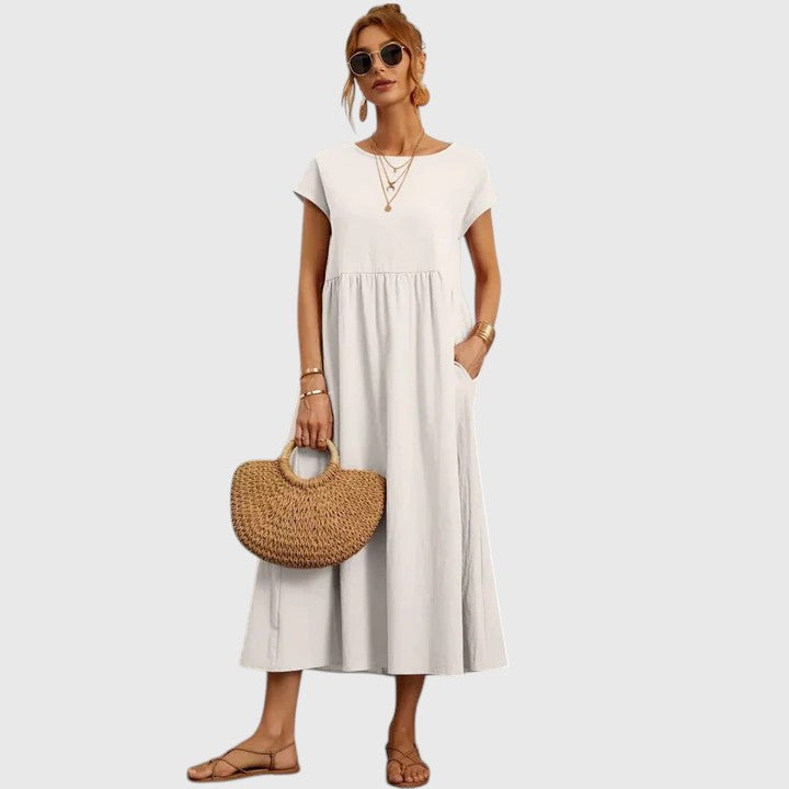 Vestido Midi Mujer Transpirable con Mangas Cortas y Bolsillos Laterales Elegantes 0