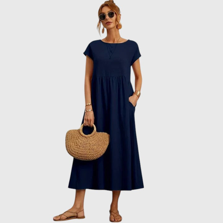 Vestido Midi Mujer Transpirable con Mangas Cortas y Bolsillos Laterales Elegantes 1