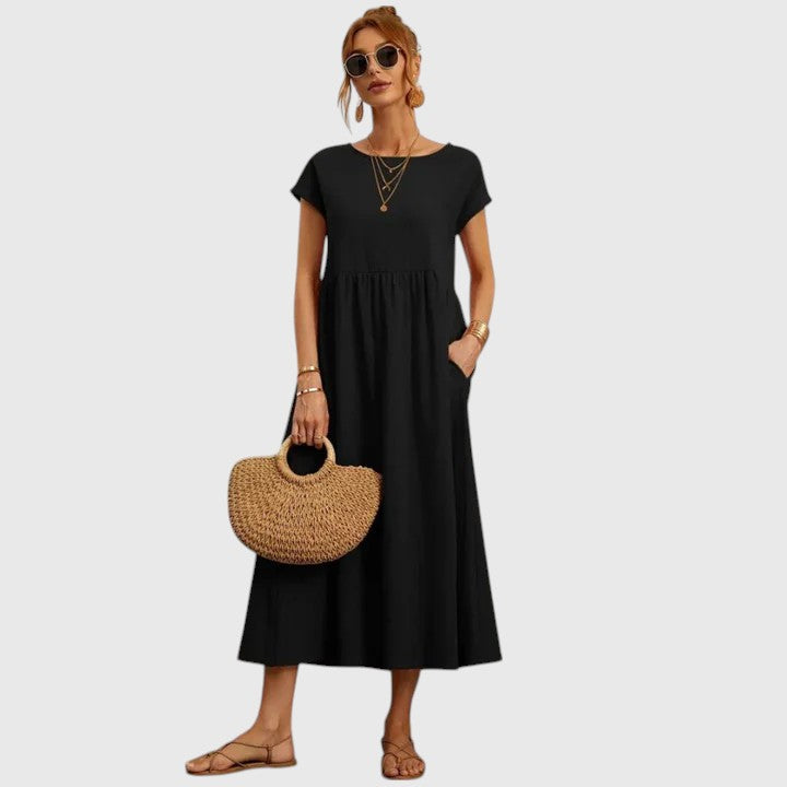 Vestido Midi Mujer Transpirable con Mangas Cortas y Bolsillos Laterales Elegantes 2