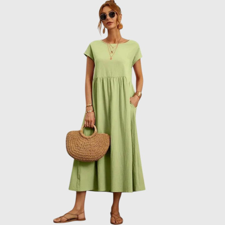 Vestido Midi Mujer Transpirable con Mangas Cortas y Bolsillos Laterales Elegantes 3