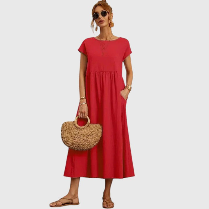 Vestido Midi Mujer Transpirable con Mangas Cortas y Bolsillos Laterales Elegantes 5