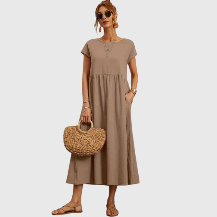 Vestido Midi Mujer Transpirable con Mangas Cortas y Bolsillos Laterales Elegantes 8
