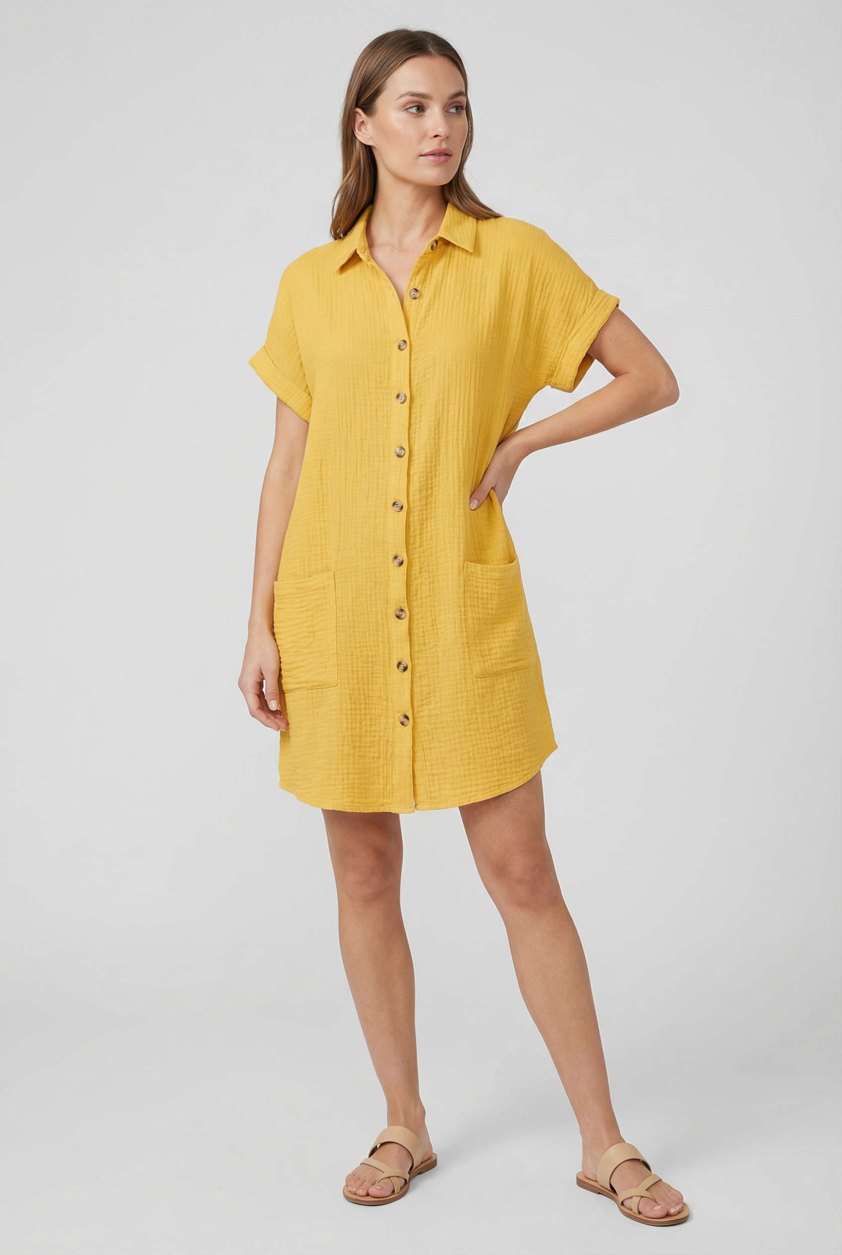 Vestido Mujer Algodón Tipo Polo Con Bolsillos Diseño Casual Primavera Verano 5
