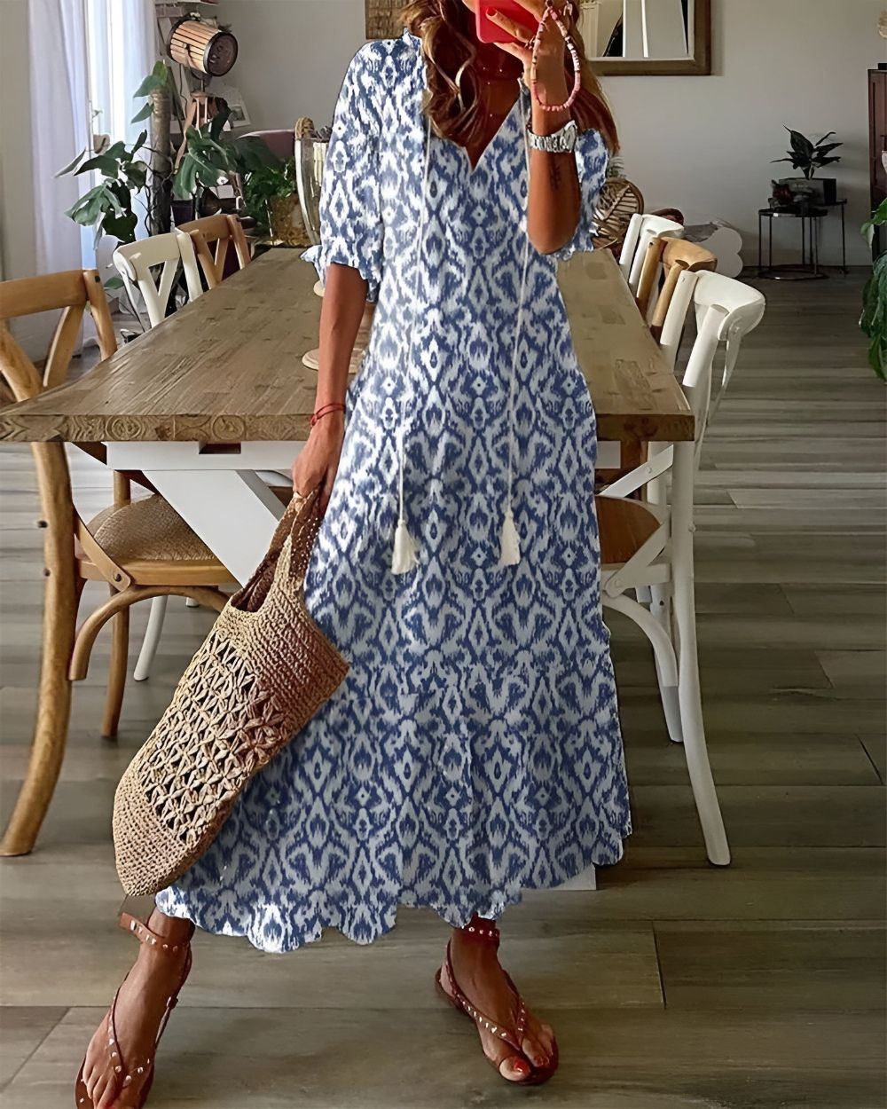 Vestido Mujer Boho Tela Ligera Ajuste Fluido Con Patrones Y Detalles De Borlas 0