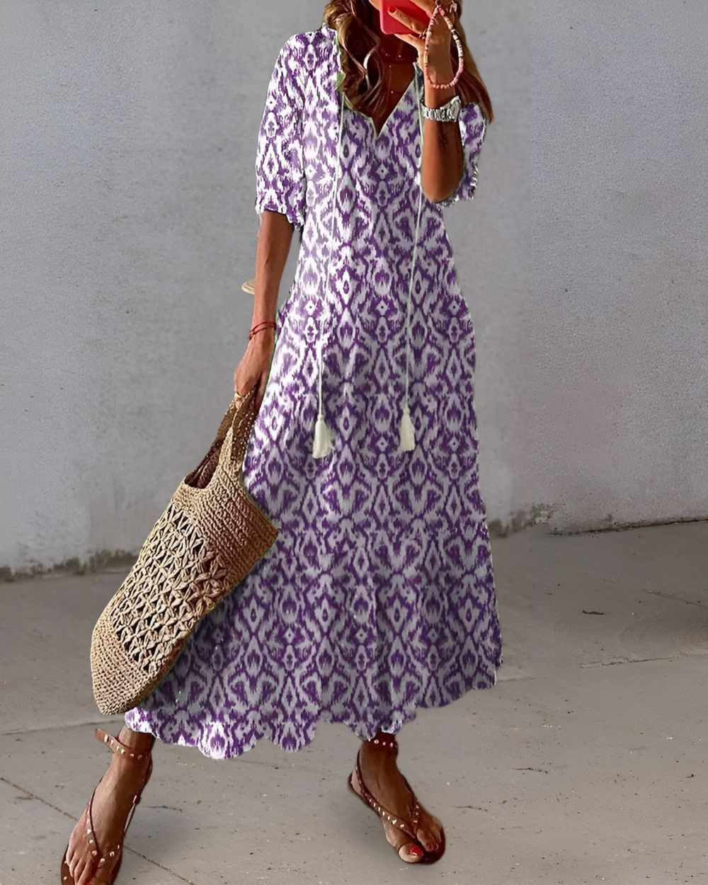 Vestido Mujer Boho Tela Ligera Ajuste Fluido Con Patrones Y Detalles De Borlas 2