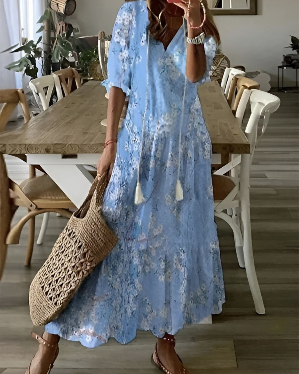 Vestido Mujer Boho Tela Ligera Ajuste Fluido Con Patrones Y Detalles De Borlas 3