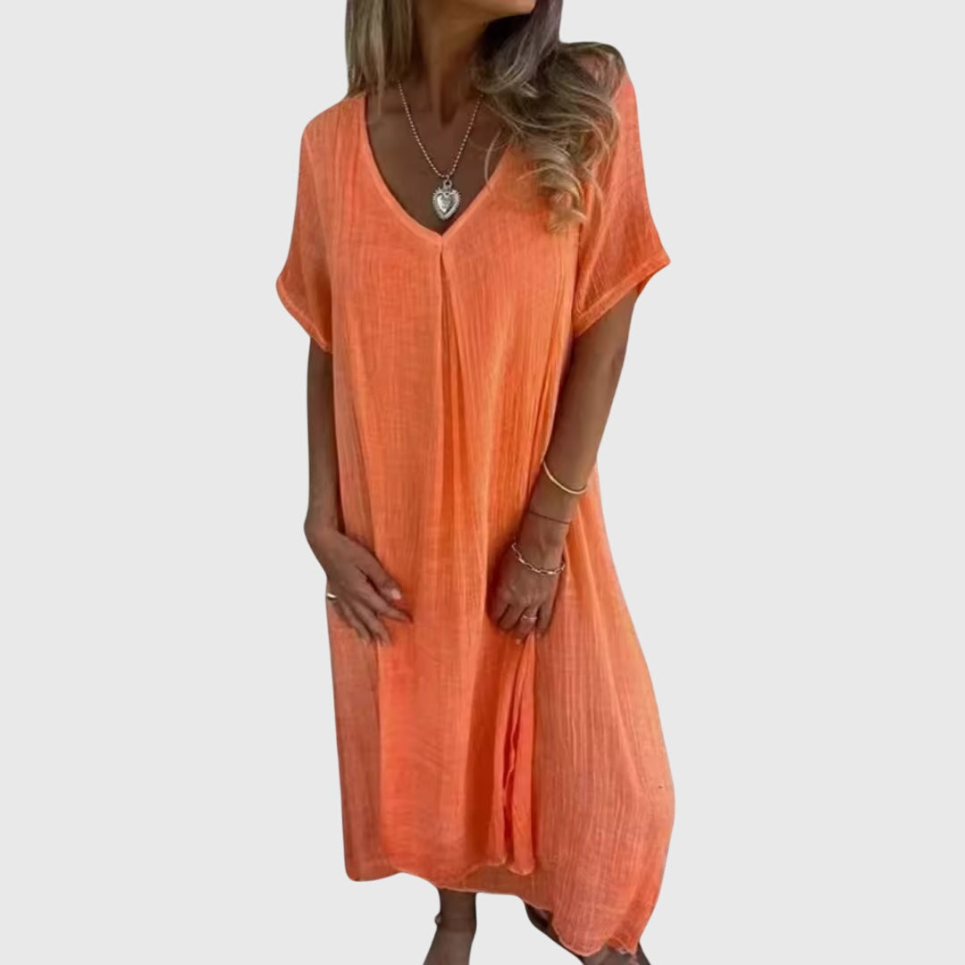 Vestido Mujer Elegante Ligero Cuello En V Transpirable Ajuste Holgado 0