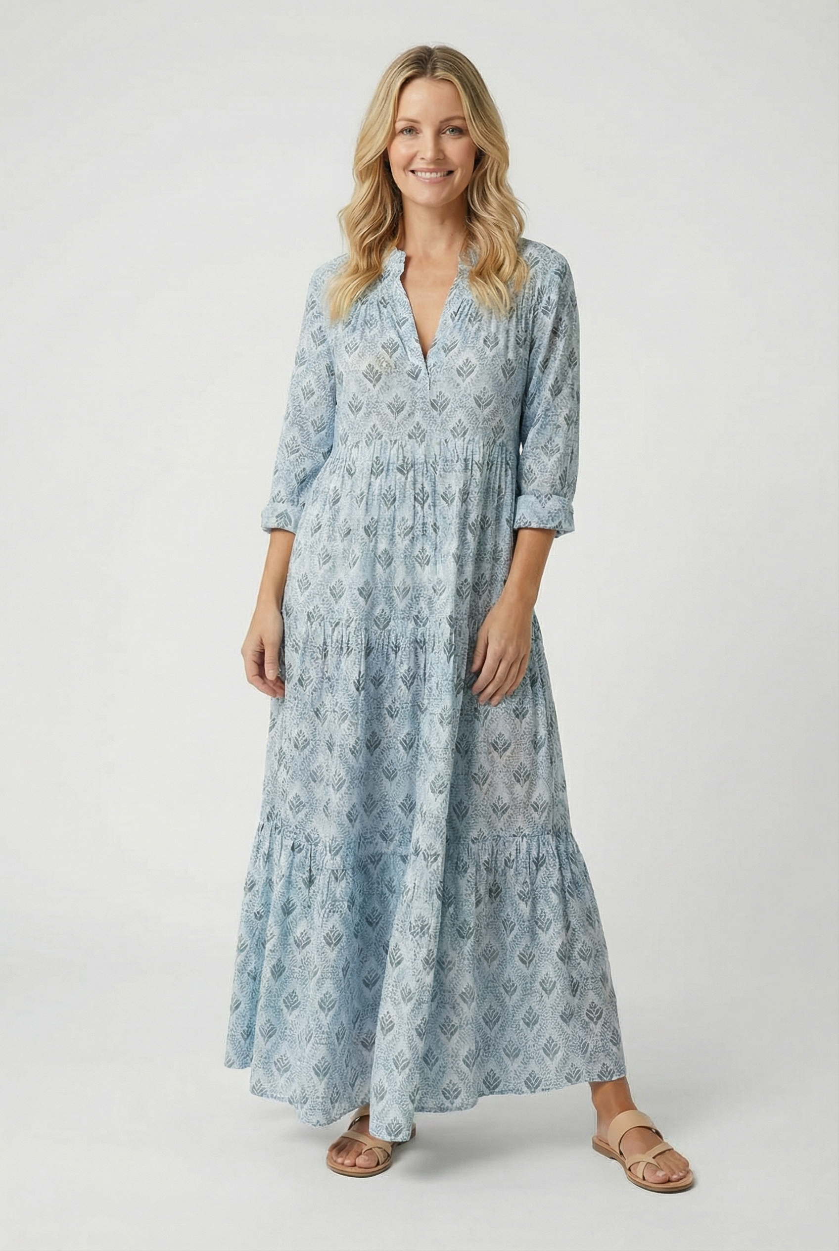 Vestido Mujer Largo Algodón Ligero Cuello en V Estampado Vintage 3/4 Manga Holgada 4