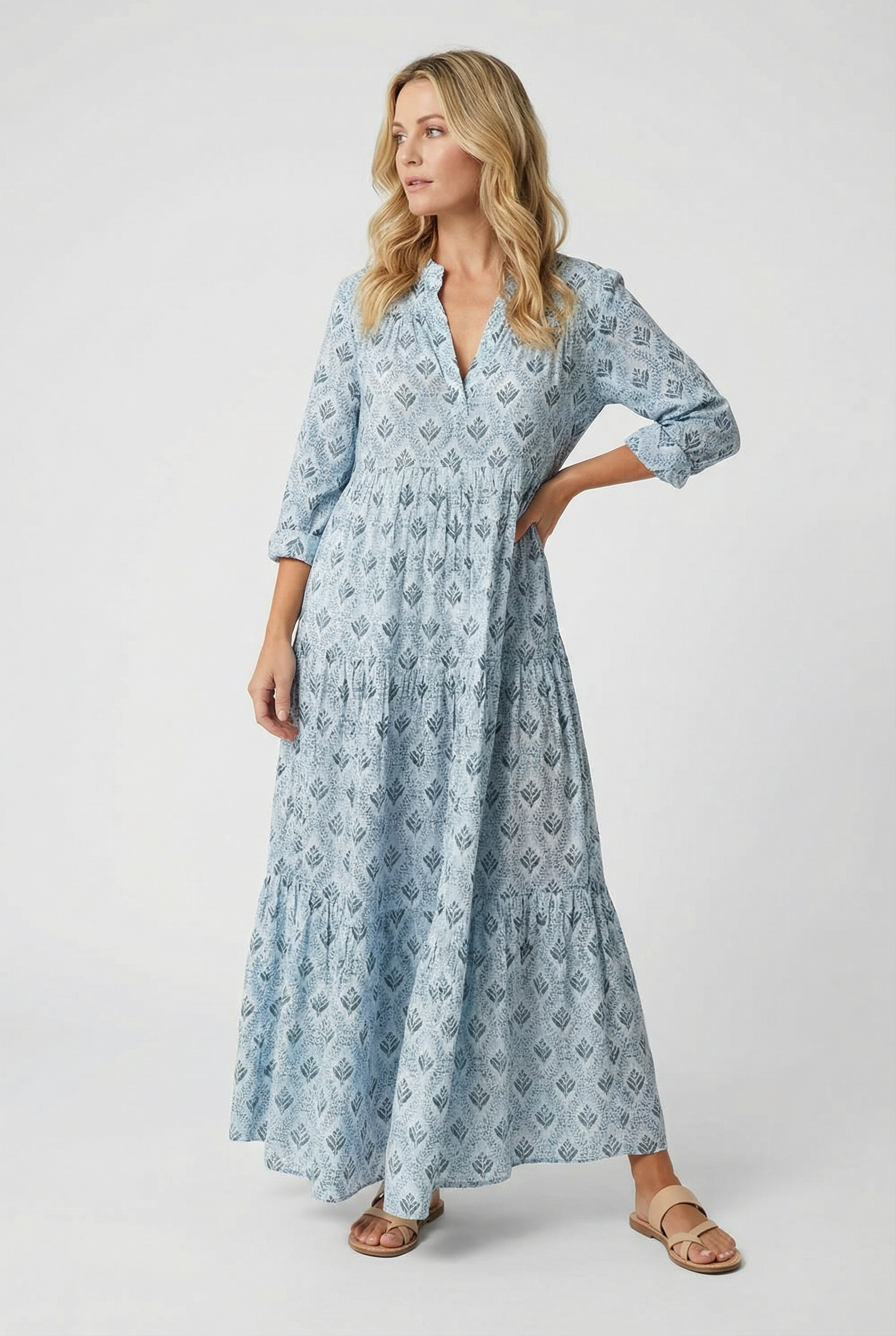 Vestido Mujer Largo Algodón Ligero Cuello en V Estampado Vintage 3/4 Manga Holgada 5