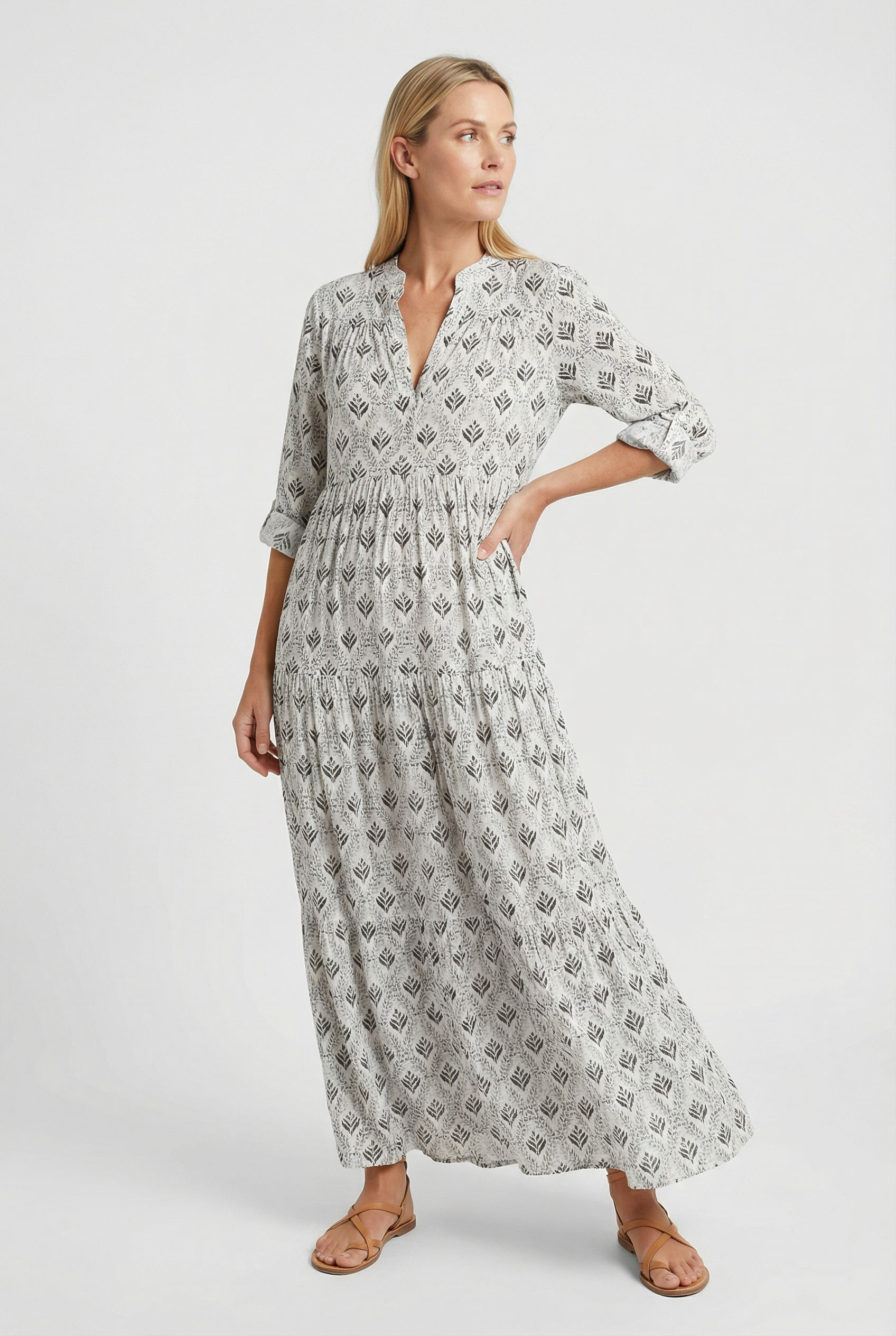 Vestido Mujer Largo Algodón Ligero Cuello en V Estampado Vintage 3/4 Manga Holgada 7
