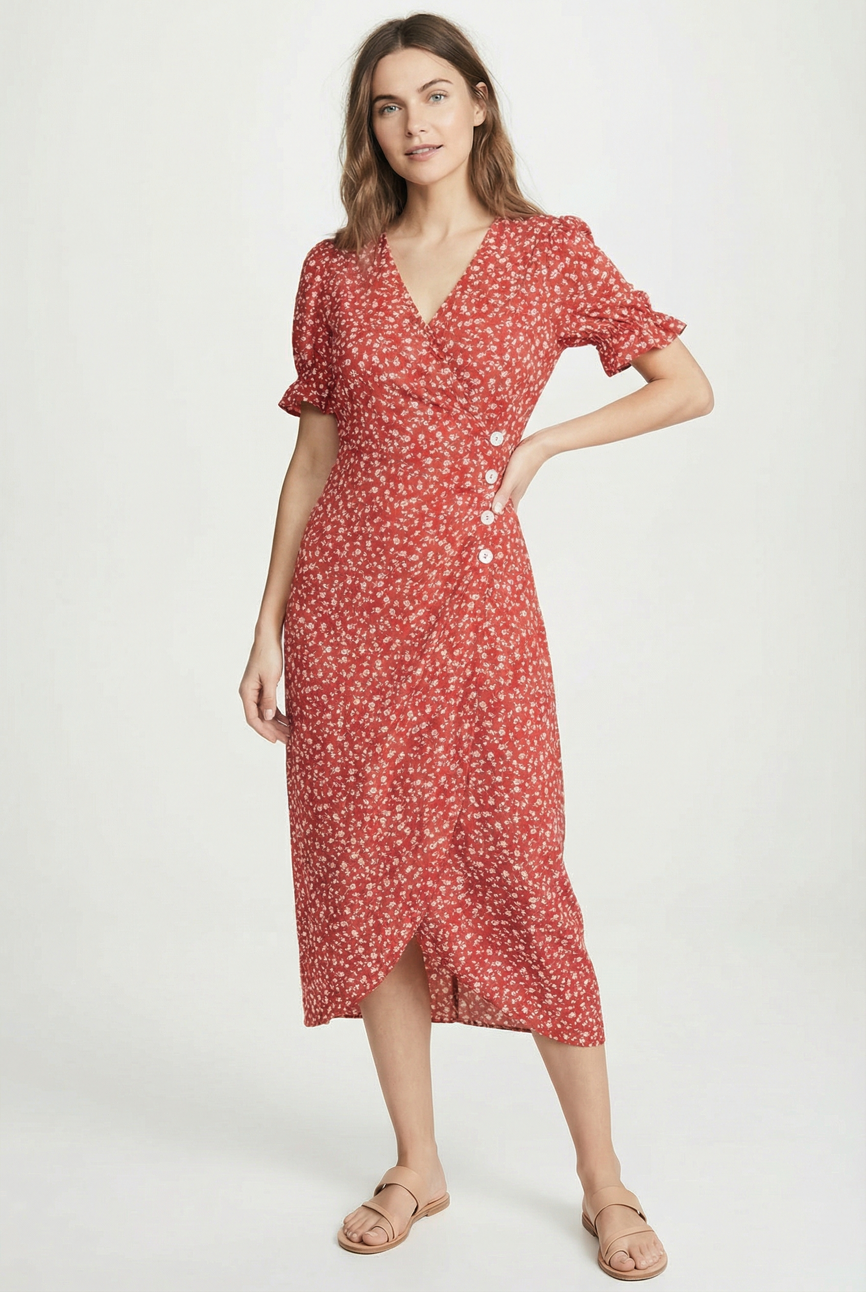 Vestido Mujer Midi Poliéster Floral Escote en V y Mangas Onduladas 5