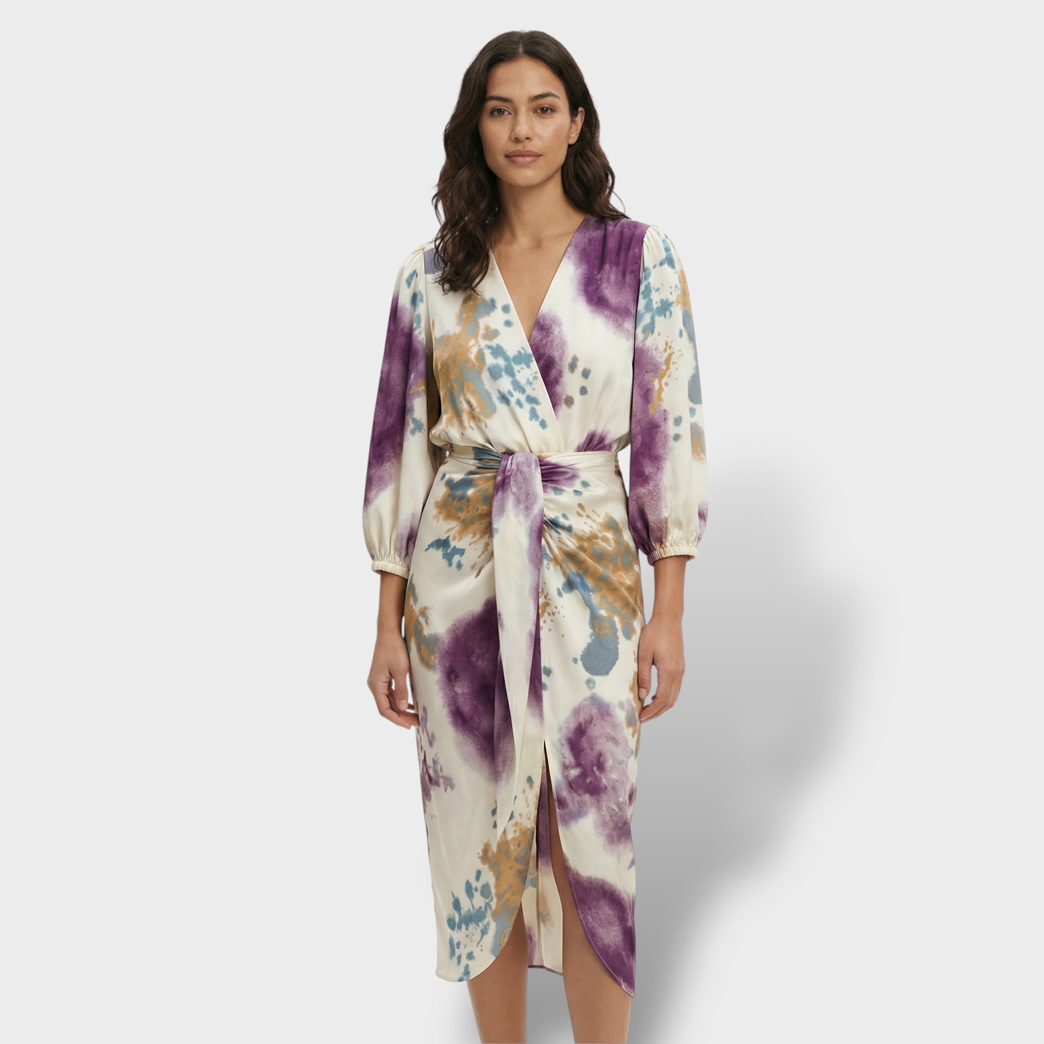 Vestido Mujer Midi Violeta Elegante con Escote en V para Invitada Boda y Fiesta 0