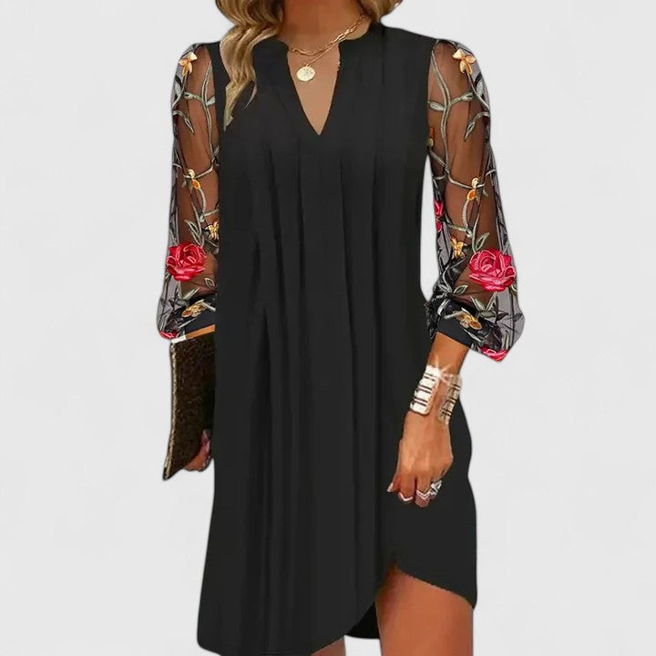 Vestido Mujer Viscosa Elegante Escote en V Mangas Largas Transparentes 0