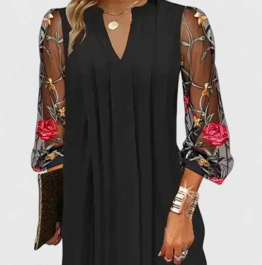Vestido Mujer Viscosa Elegante Escote en V Mangas Largas Transparentes 3