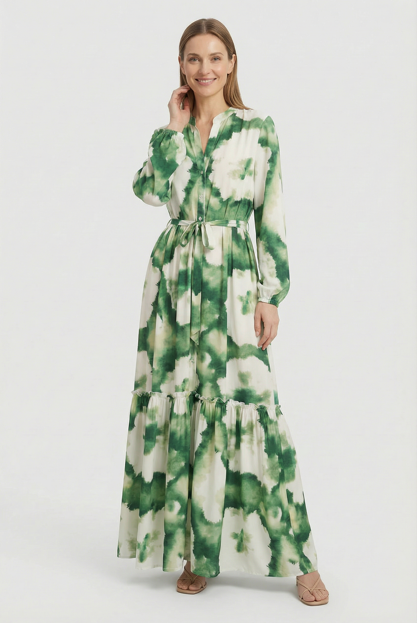 Vestido de Mujer Largo de Tela Ligera con Cuello en V y Estampado Verde Elegante 0