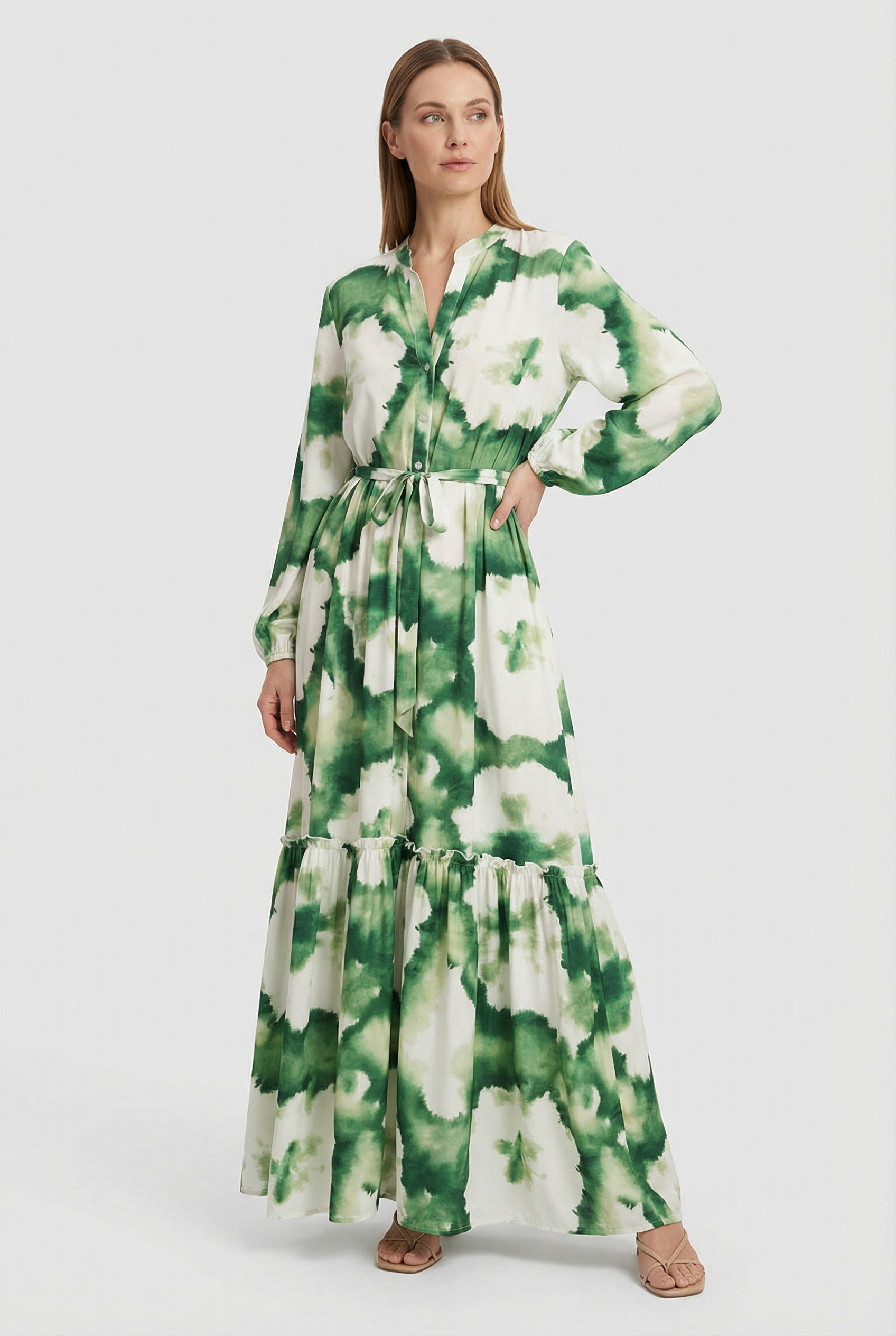 Vestido de Mujer Largo de Tela Ligera con Cuello en V y Estampado Verde Elegante 1