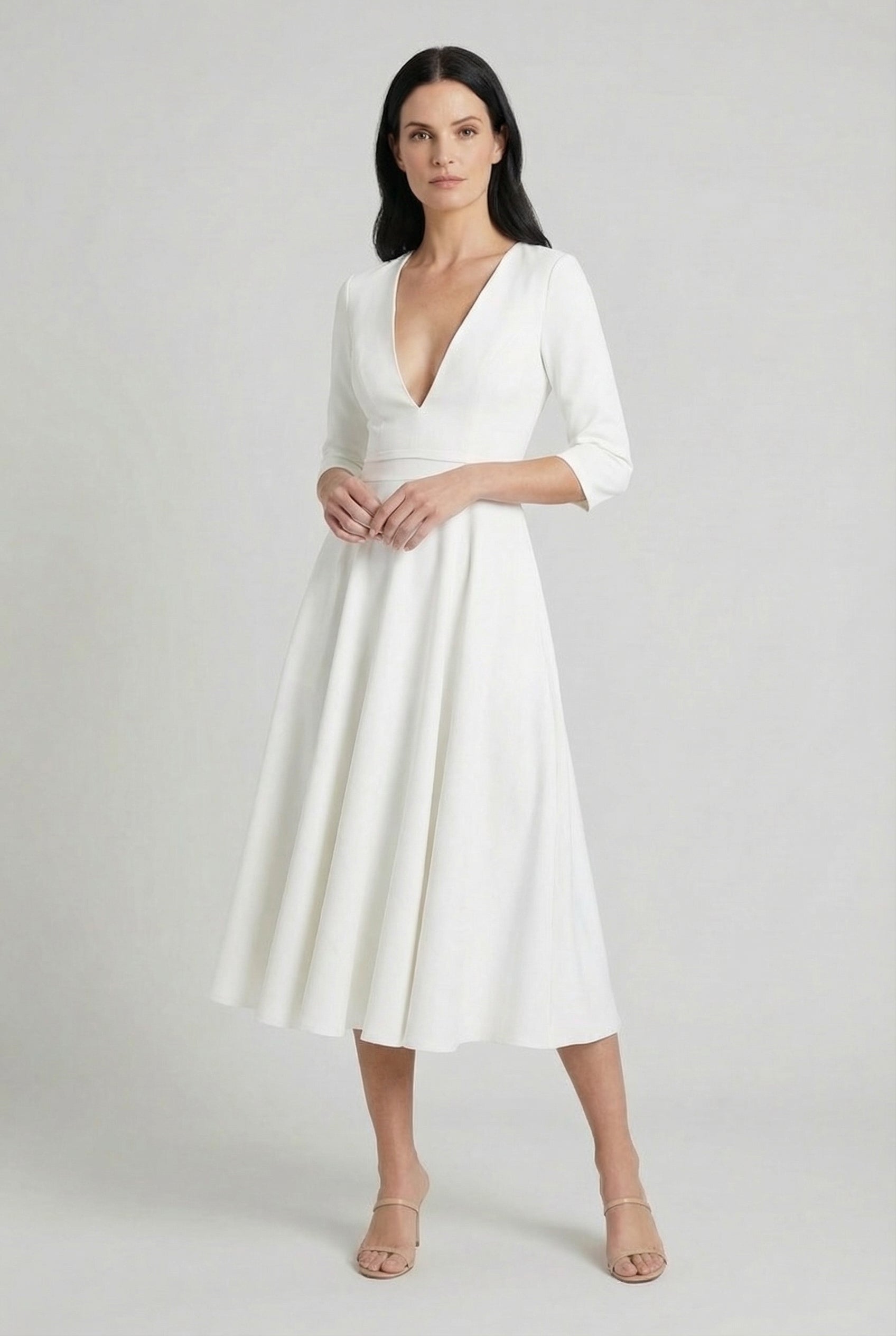 Mujer Vestido Midi Tejido Estructurado Escote En V Profundo Con Mangas 3/4 Elegante