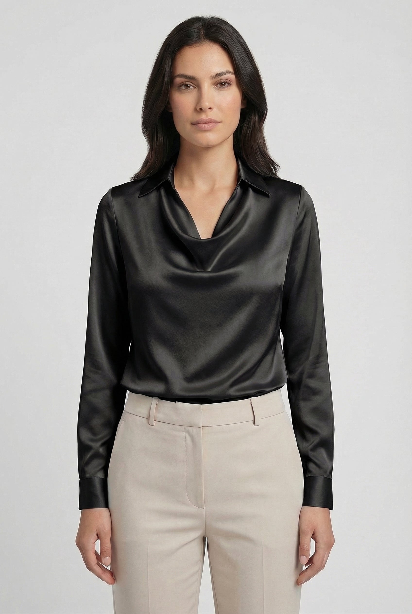 Blusa Mujer Drapeada Manga Larga Tejido Suave Diseño Clásico Elegante