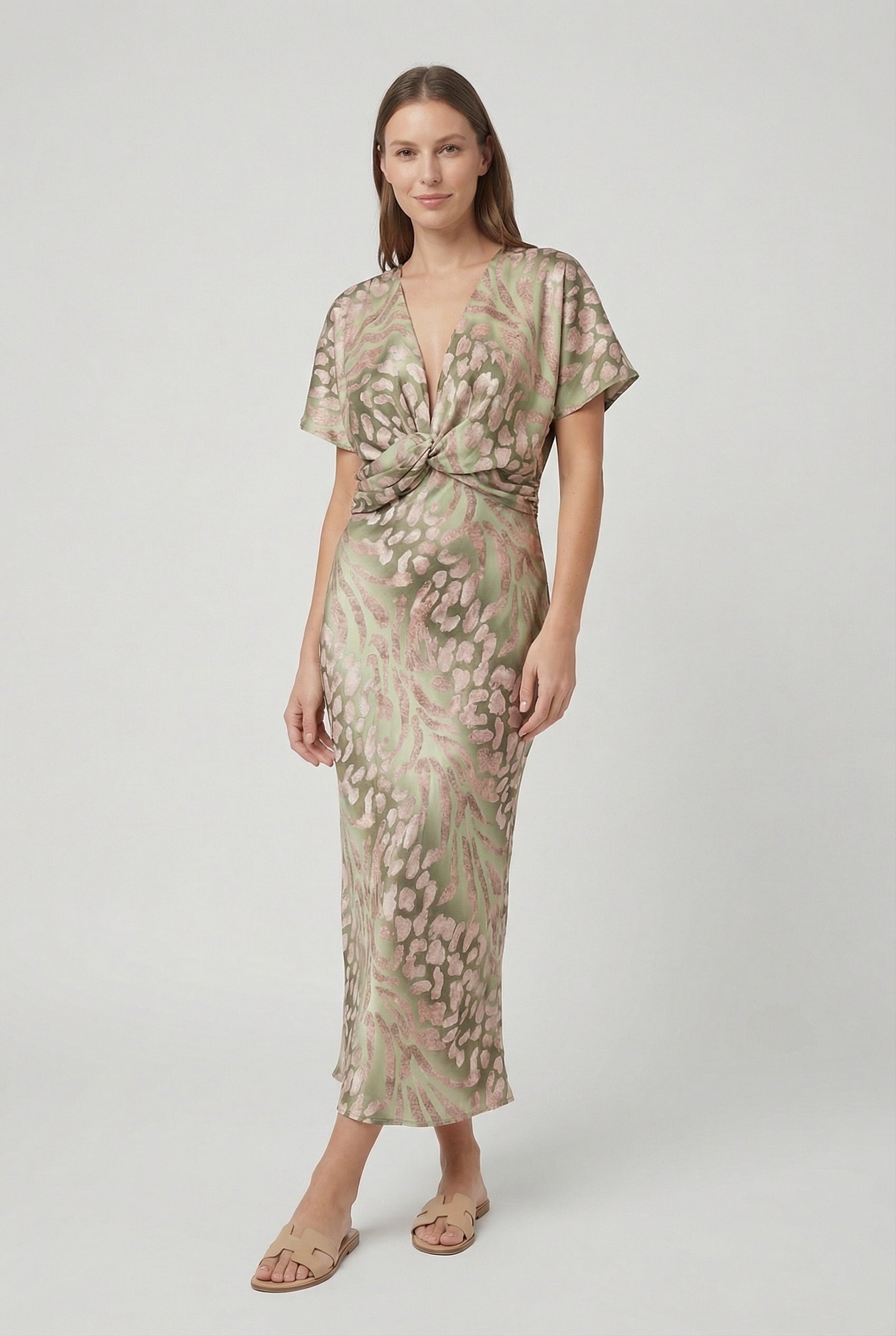 Mujer Vestido Midi Ajustado Verde Cuello en V Diseño Frontal Retorcido