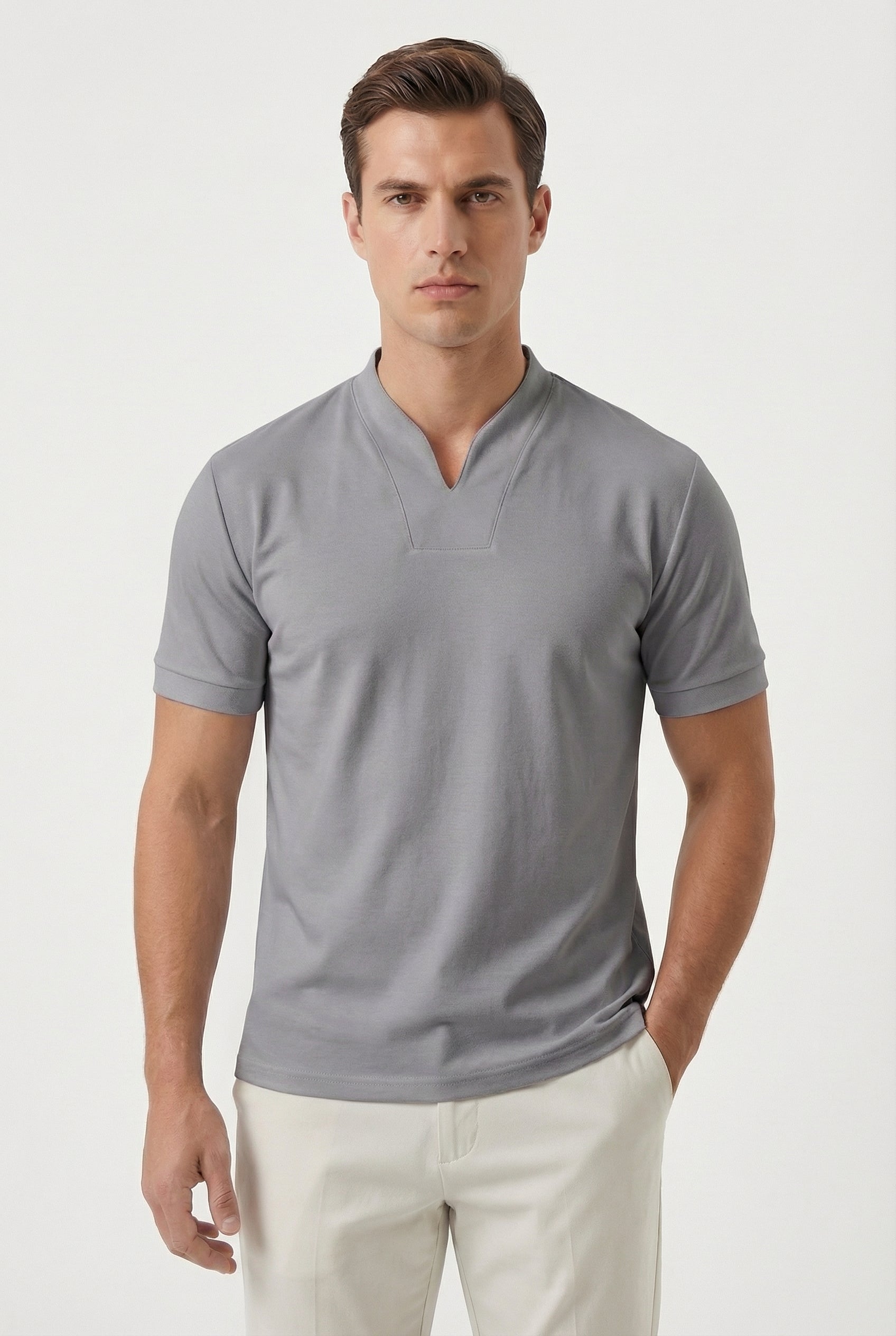 Camisa Hombre Algodón Slim-Fit Cuello en V Manga Corta Casual