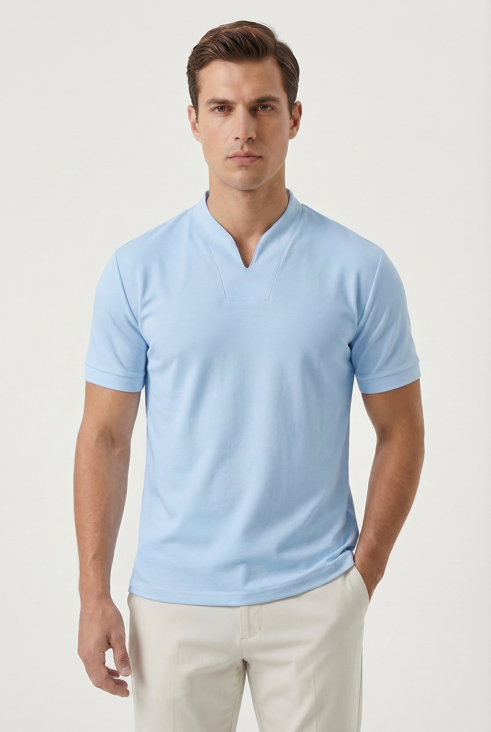 Camisa Hombre Algodón Slim-Fit Cuello en V Manga Corta Casual