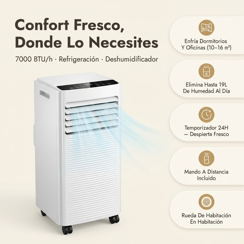 Aire Acondicionado Portátil 7000 BTU con Deshumidificador y Ventilador