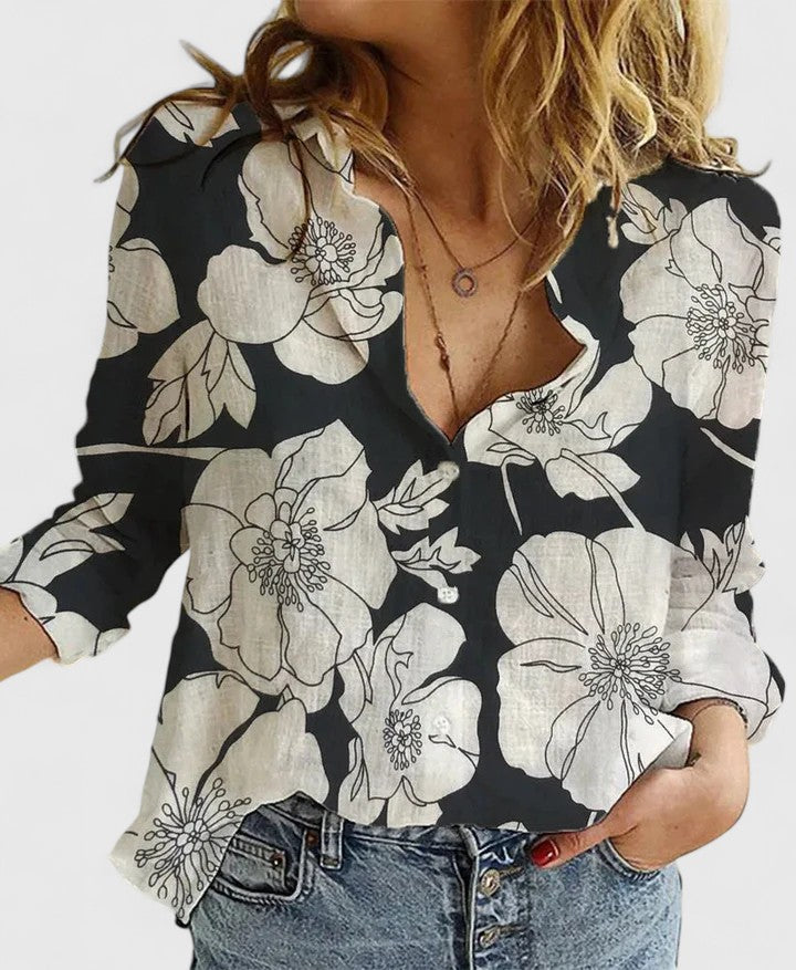 Blusa Mujer Algodón Lino Elegante Con Cuello Solapa Ajuste Relajado 1