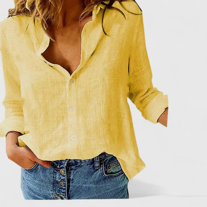 Blusa Mujer Algodón Lino Elegante Con Cuello Solapa Ajuste Relajado 10