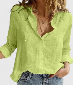 Blusa Mujer Algodón Lino Elegante Con Cuello Solapa Ajuste Relajado 4