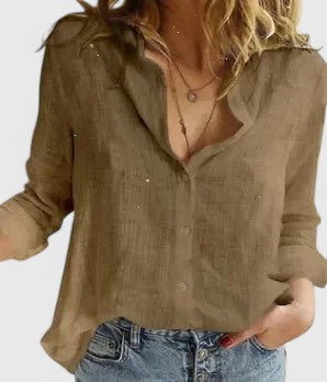 Blusa Mujer Algodón Lino Elegante Con Cuello Solapa Ajuste Relajado 9