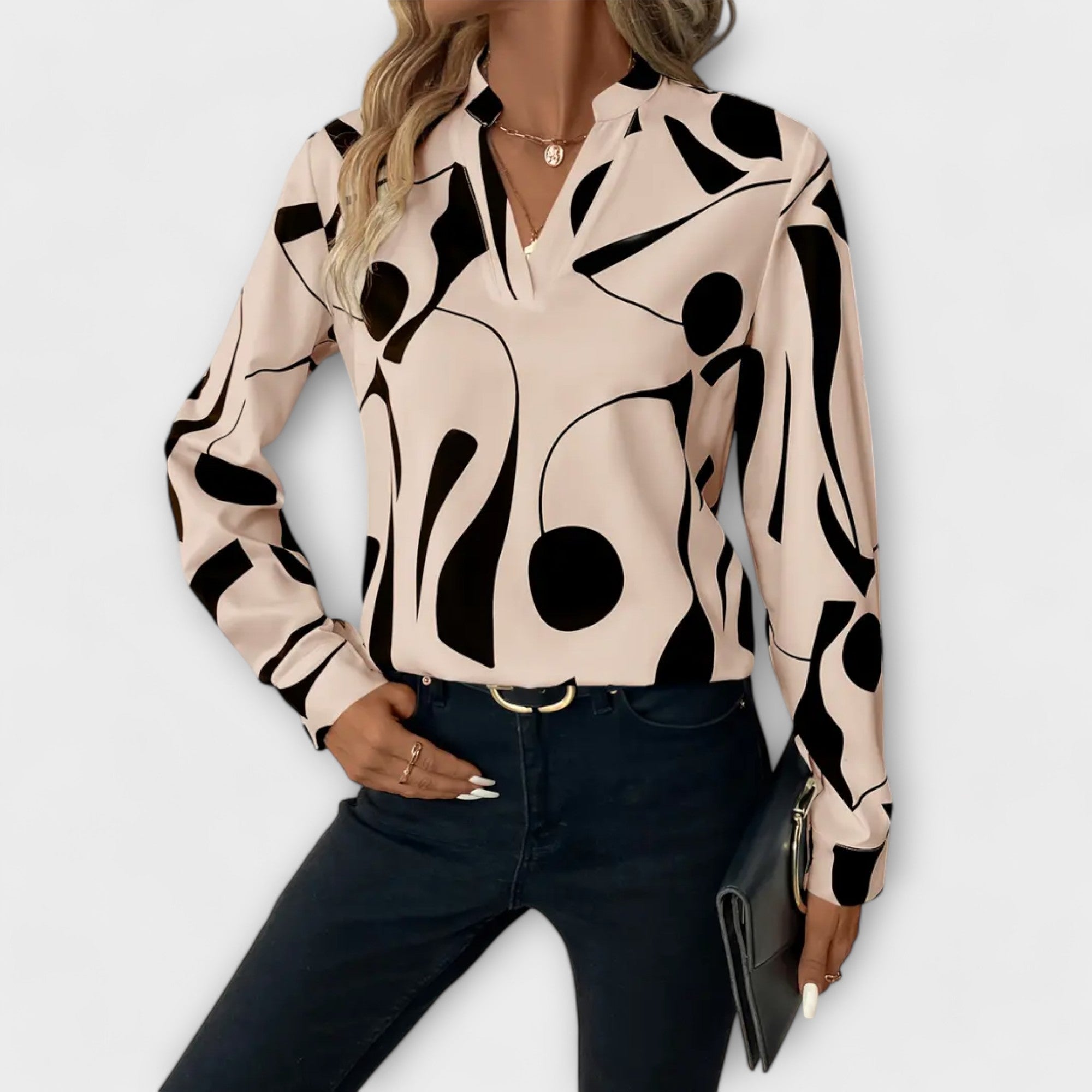Blusa Mujer Elegante Diseño Abstracto Escote Dividido Ajuste Cómodo 0