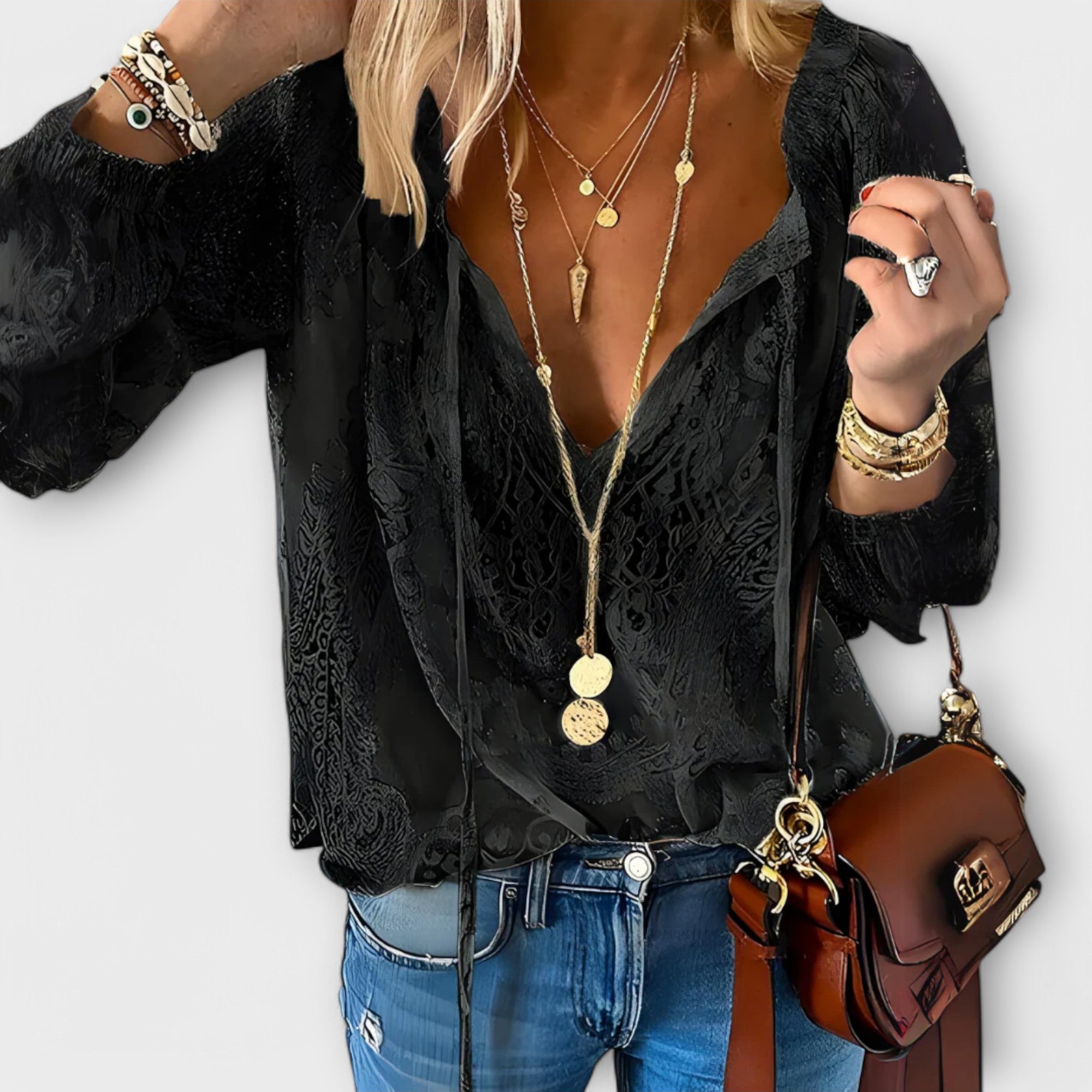 Blusa Mujer Encaje Ligero Con Lazo Cuello Y Silueta Bohemia Elegante 1