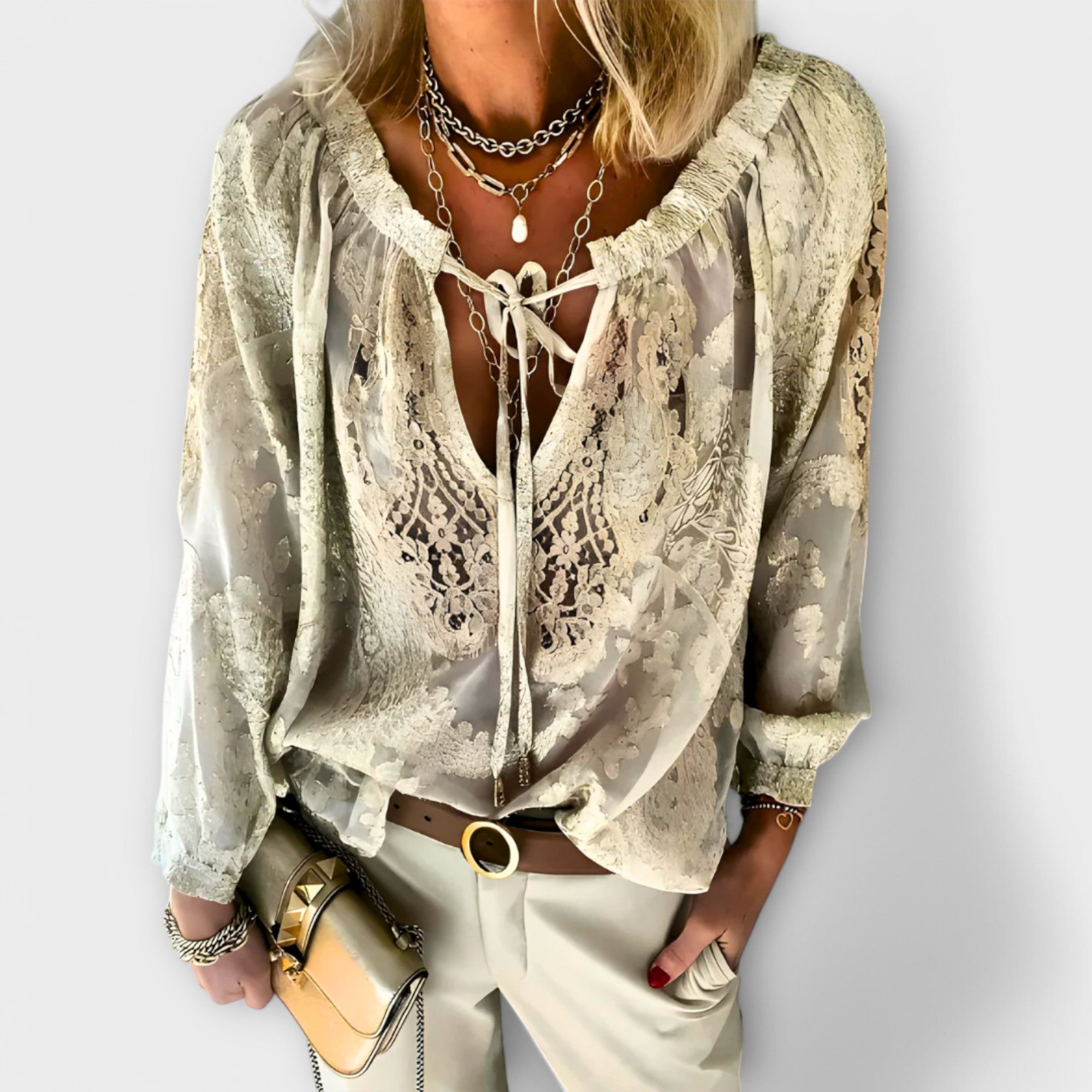 Blusa Mujer Encaje Ligero Con Lazo Cuello Y Silueta Bohemia Elegante 2