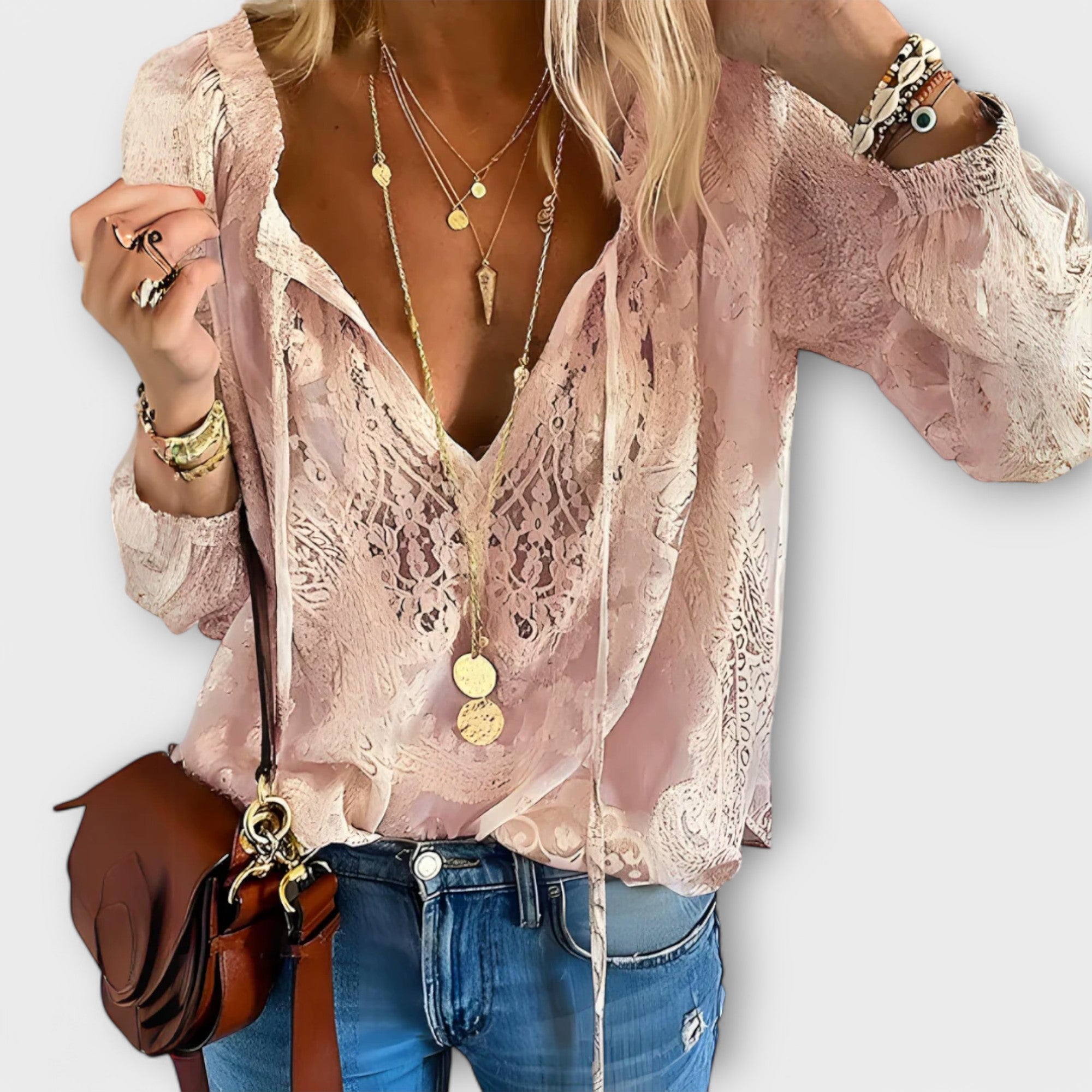 Blusa Mujer Encaje Ligero Con Lazo Cuello Y Silueta Bohemia Elegante 3