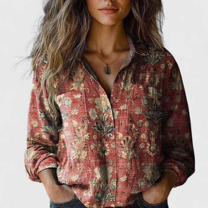 Blusa Mujer Floral de Tela Suave con Cuello de Solapa y Bolsillos Elegantes 1