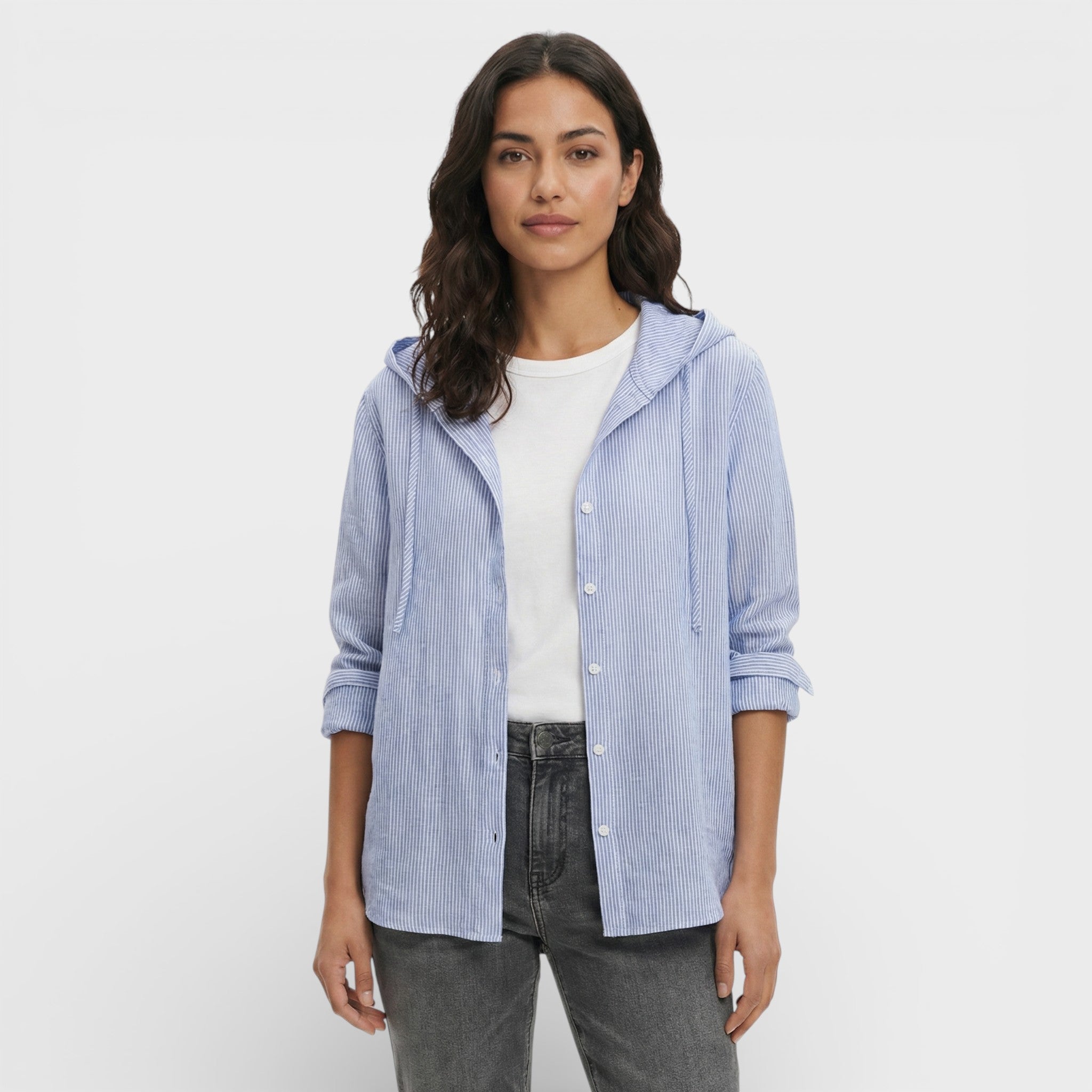 Blusa Mujer Holgada de Mezcla de Fibras Naturales con Capucha y Botones 0