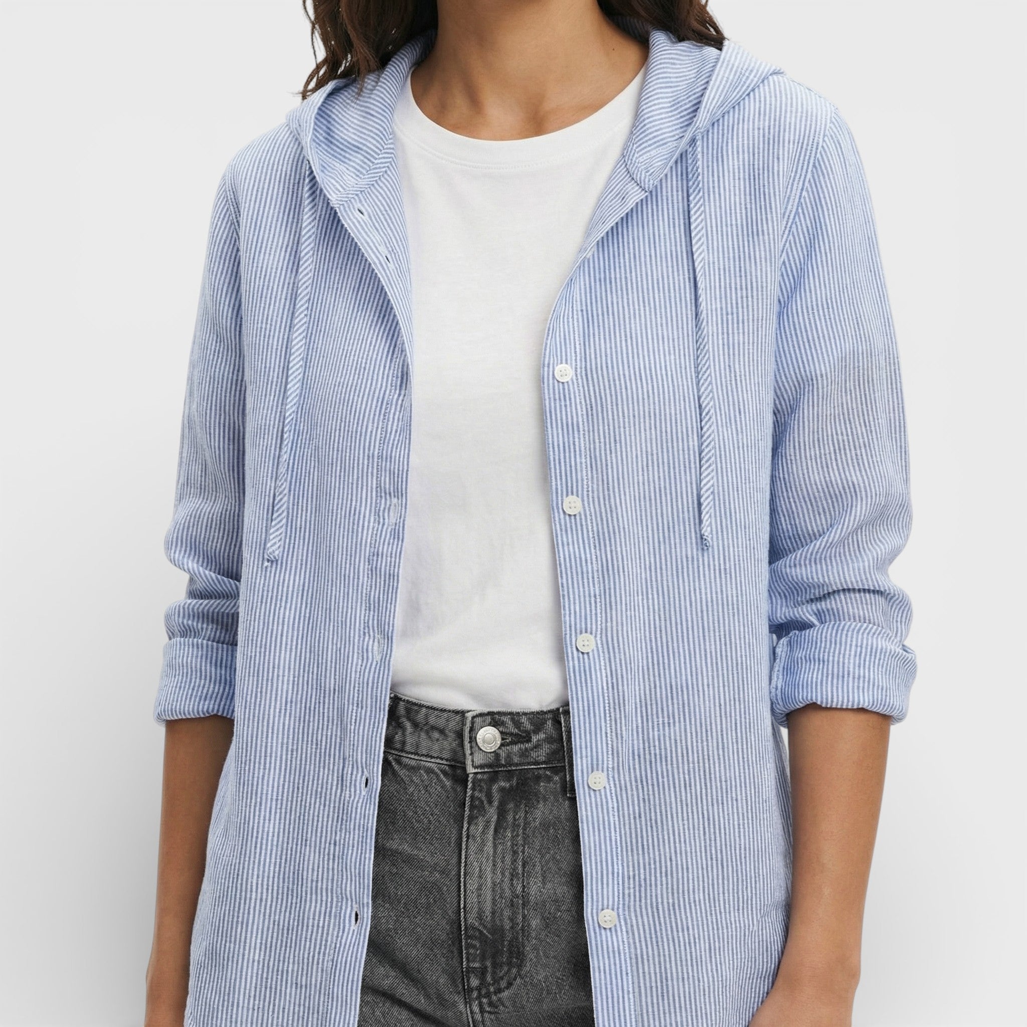 Blusa Mujer Holgada de Mezcla de Fibras Naturales con Capucha y Botones 2