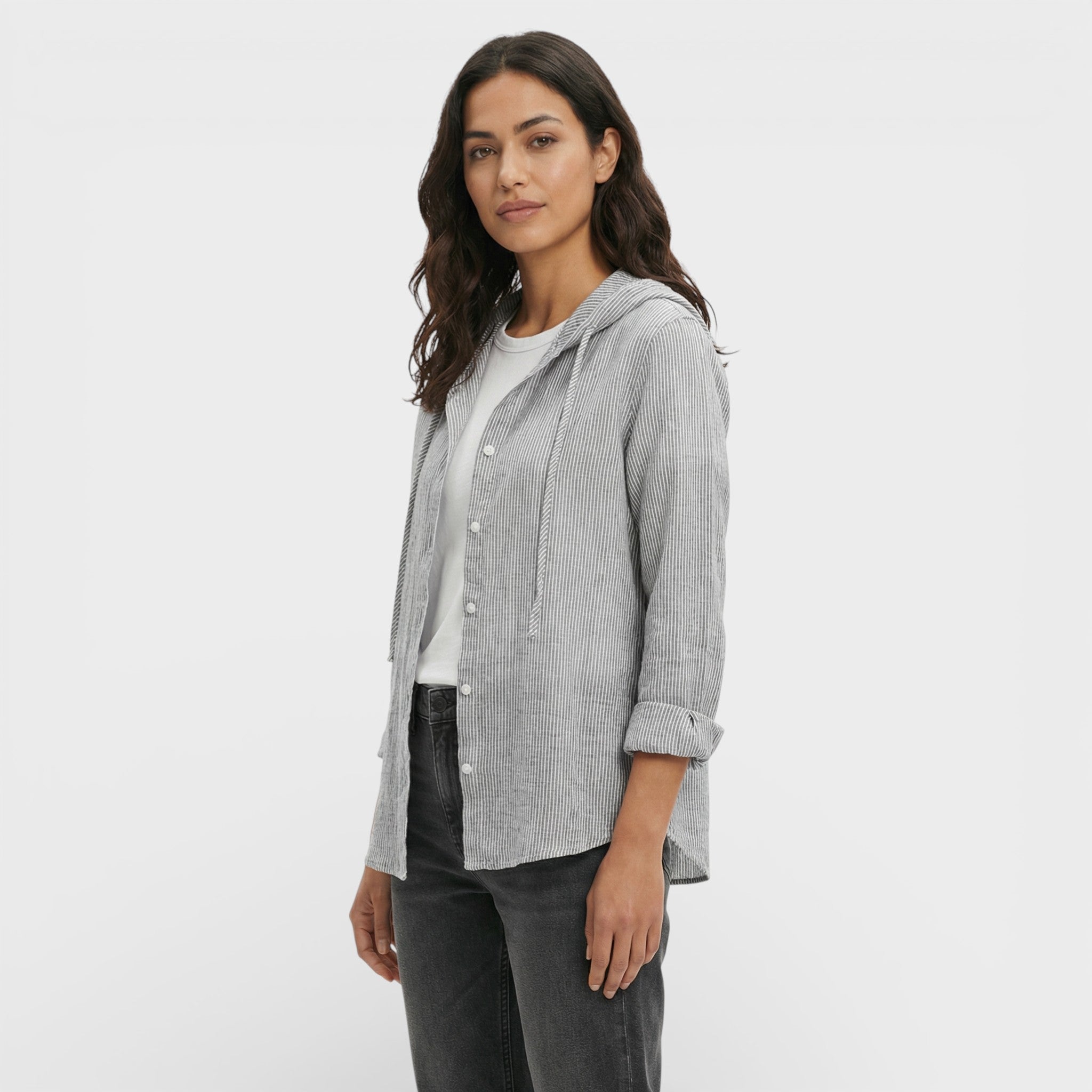 Blusa Mujer Holgada de Mezcla de Fibras Naturales con Capucha y Botones 5