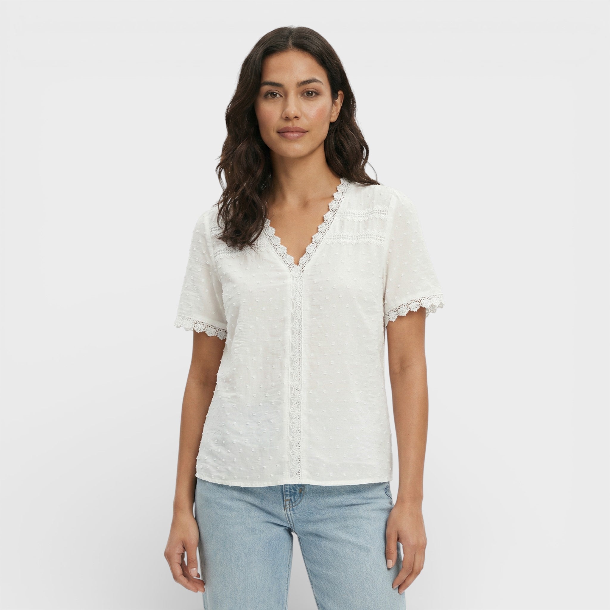 Blusa Mujer Ligera Encaje Escote en Pico Ideal Para Ocasiones Diarias Y Especiales 0