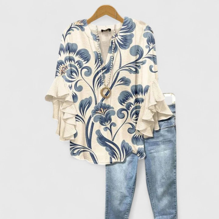 Blusa Mujer Ligera Floral con Mangas Volantes y Diseño Transpirable Casual 0