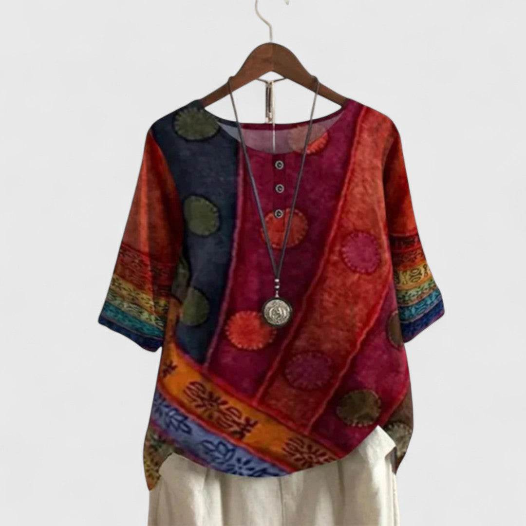 Blusa Mujer Poliéster Patchwork con Mangas Cortas y Ajuste Amplio 0