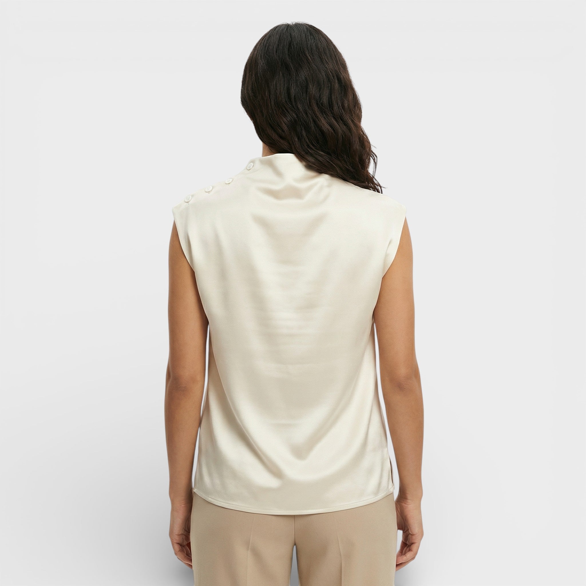 Blusa Mujer Satinada Cuello Mao Caída Drapada Elegante 3