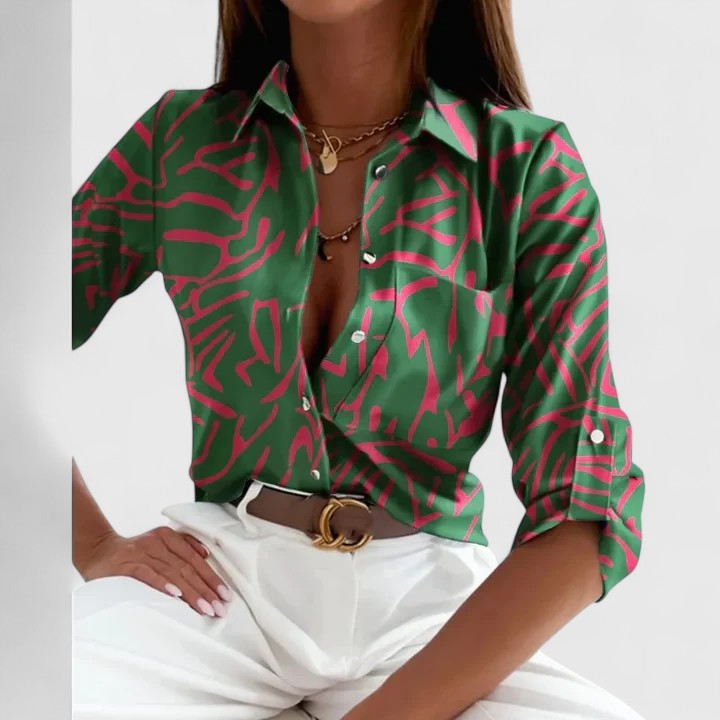 Blusa Mujer Tejido Ligero Estampado Manga Larga Cuello Clásico Elegante 1