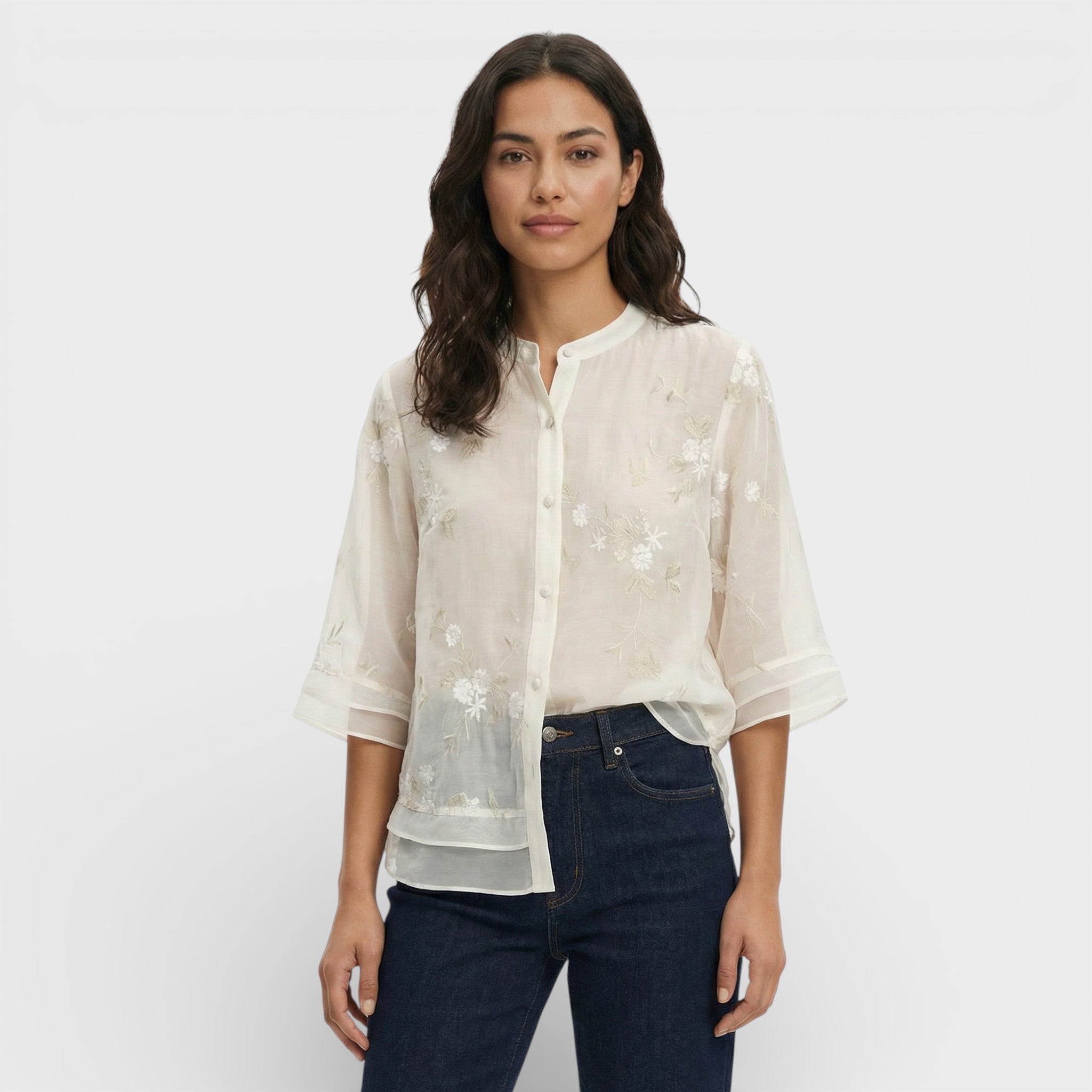 Blusa Mujer Tejido Suave Bordado Floral Corte Relajado Elegante 0