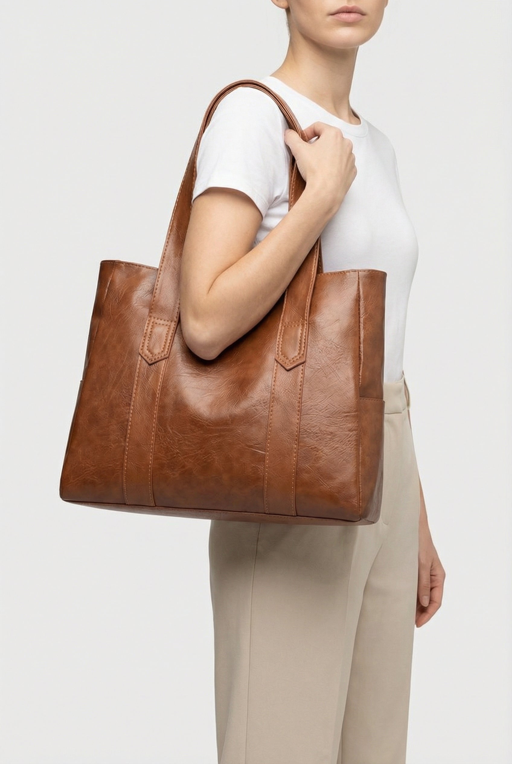 Bolso Tote Mujer Cuero Vegano Espacioso Diseño Abierto Correas Dobles 4