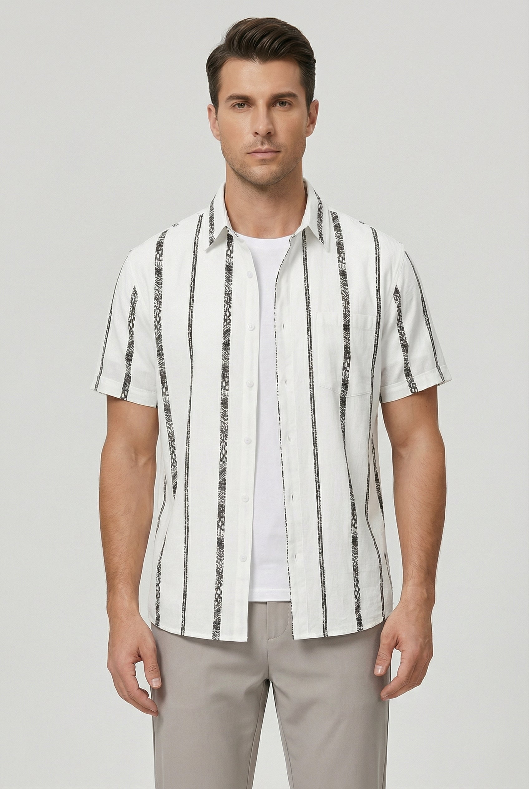 Camisa Hombre Algodón Rayas Verticales Ajuste Relajado Manga Corta 0